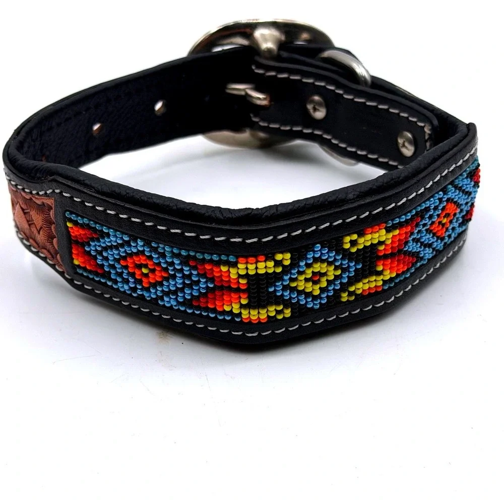 Myra Dodger Trail Dog Collar Black Leather Beaded Tooled Southwestern Small
